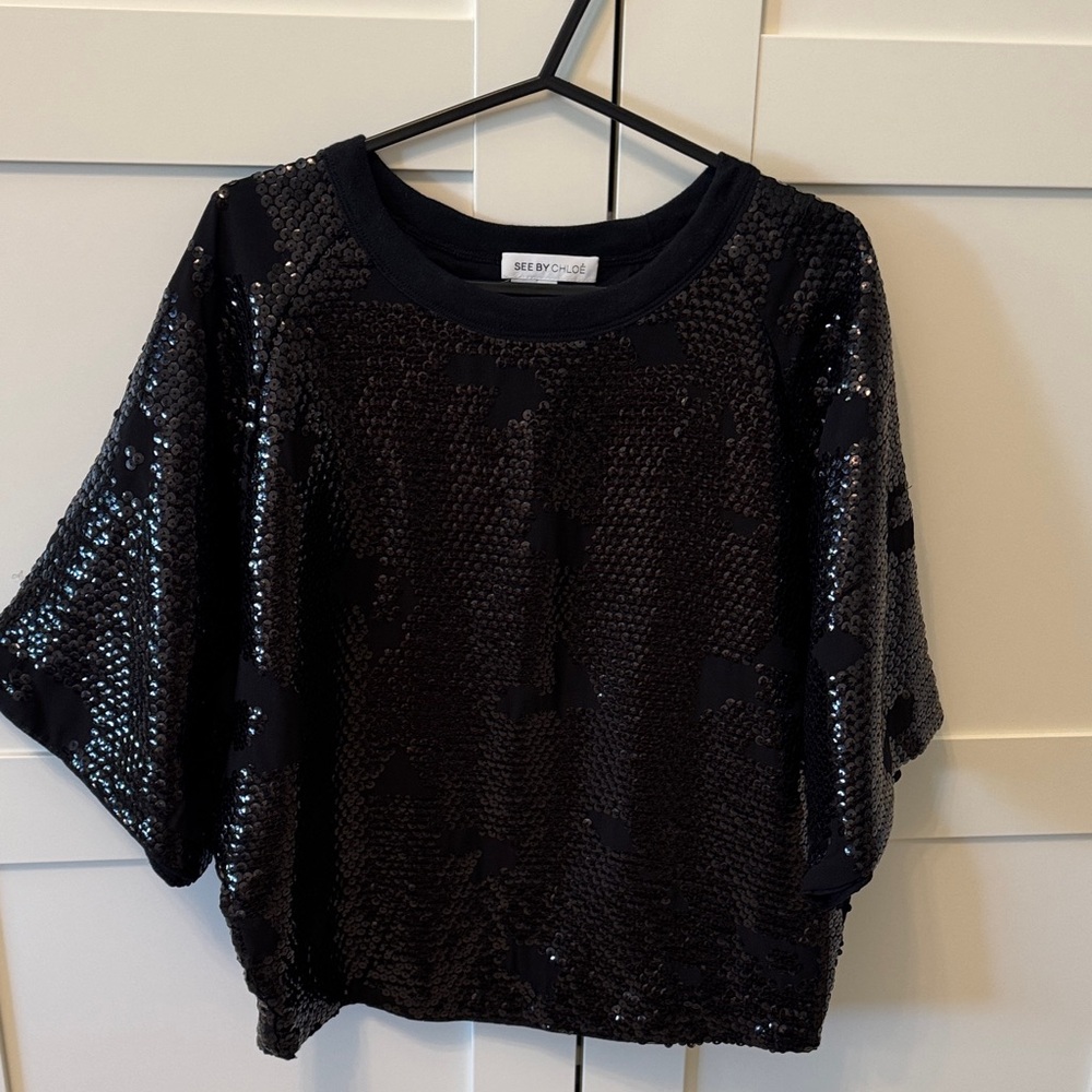 See By Chloé Black Sequin Short Sleeve Top, size 6